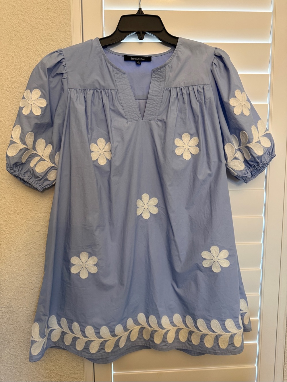 Blue Floral Embroidered Puff-Sleeve Dress- S